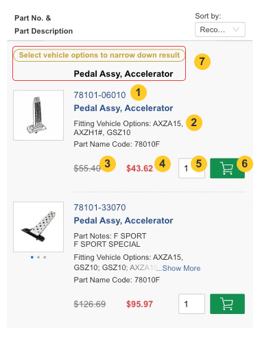 I'm on the part diagram page on mobile, what do these fields mean?